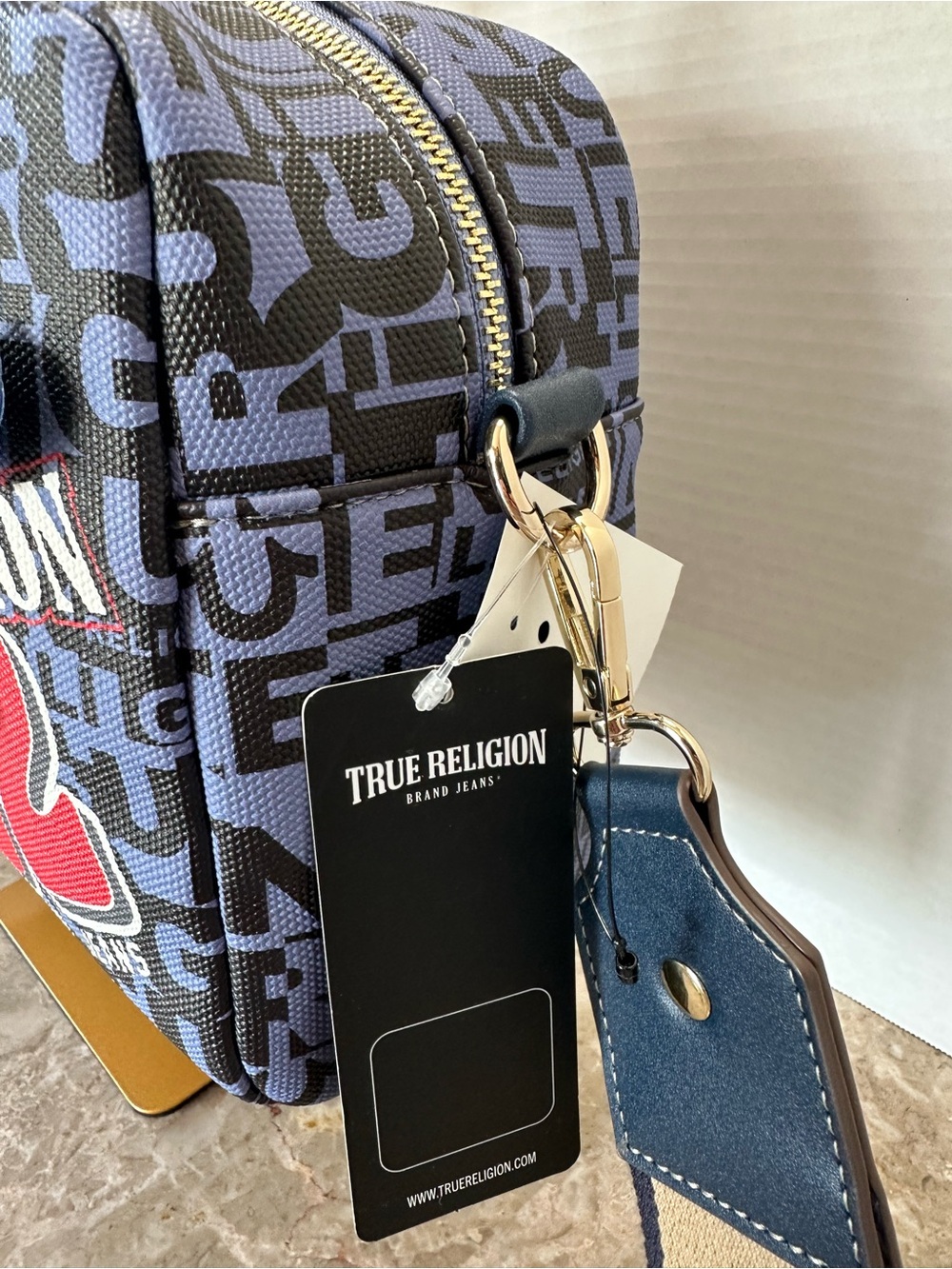 True Religion Multi Patch Satchel Bag Navy Denim Crossbody Monogram Y2K NWT - Picture 6 of 14